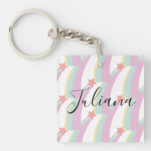 Rainbow and Stars Pattern Script Name Keychain