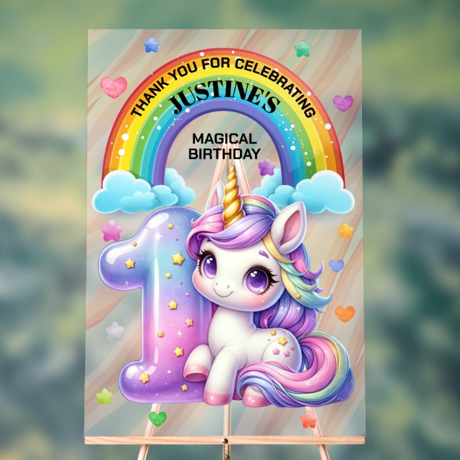 Rainbow and Unicorn 1st Birthday Party Acrylic Sign (Neutral)