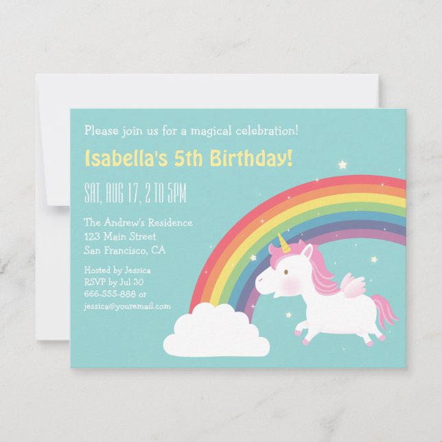 Rainbow and Unicorn Girls Birthday Party Invitation (Front)