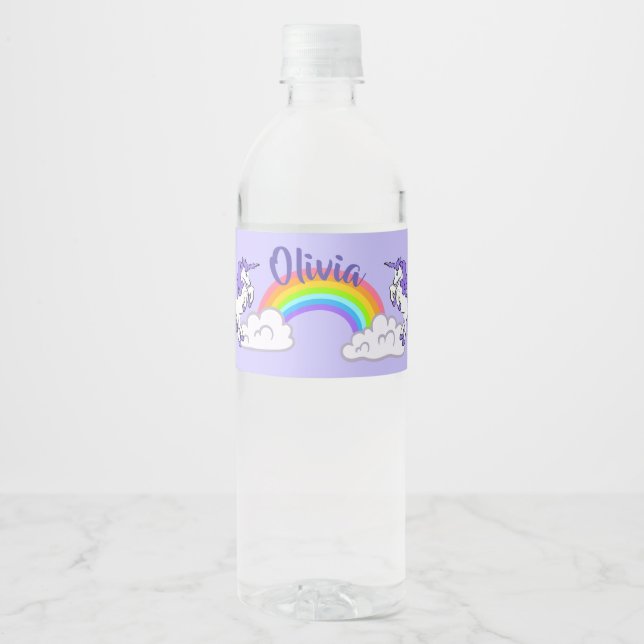 Rainbow and Unicorns Design Water Bottle Label (Front)
