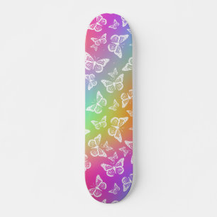 Rainbow and White Butterfly Motif Pattern Skateboard
