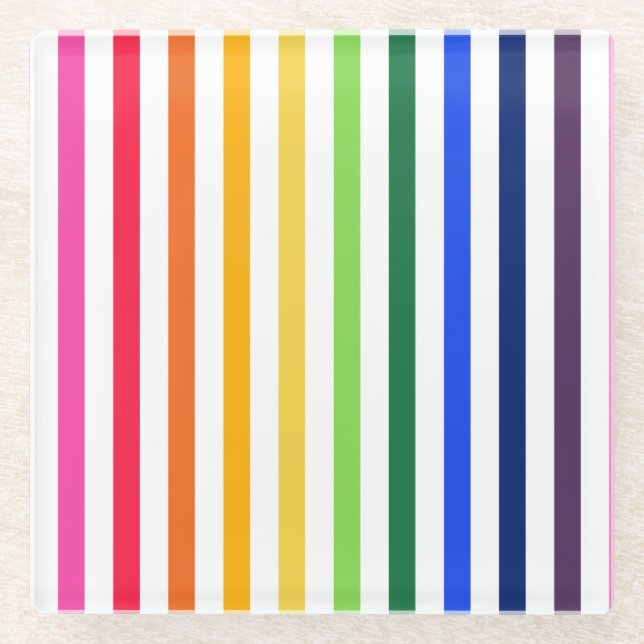 Rainbow and white stripes glass coaster (Front)