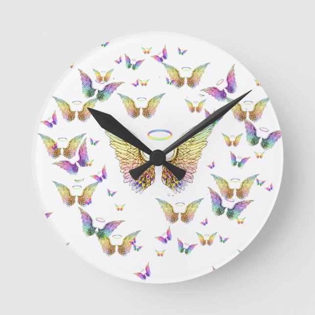 Rainbow Angel Wings and Halos Round Clock (Front)