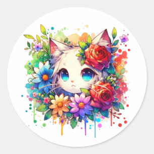 Rainbow Anime Kitten Birthday Classic Round Sticker