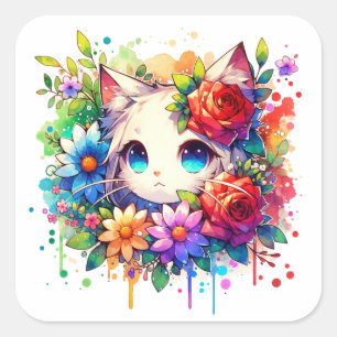 Rainbow Anime Kitten Birthday Square Sticker