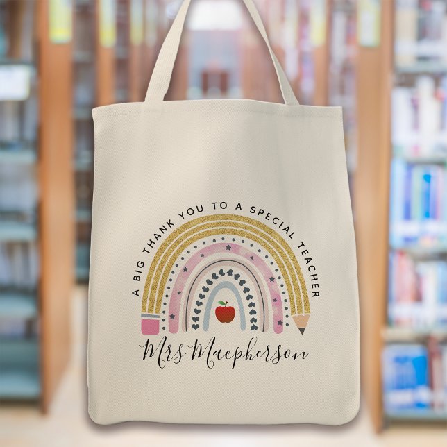 Rainbow Apple Pencil Teacher Thank You Gift Tote Bag (Creator Uploaded)