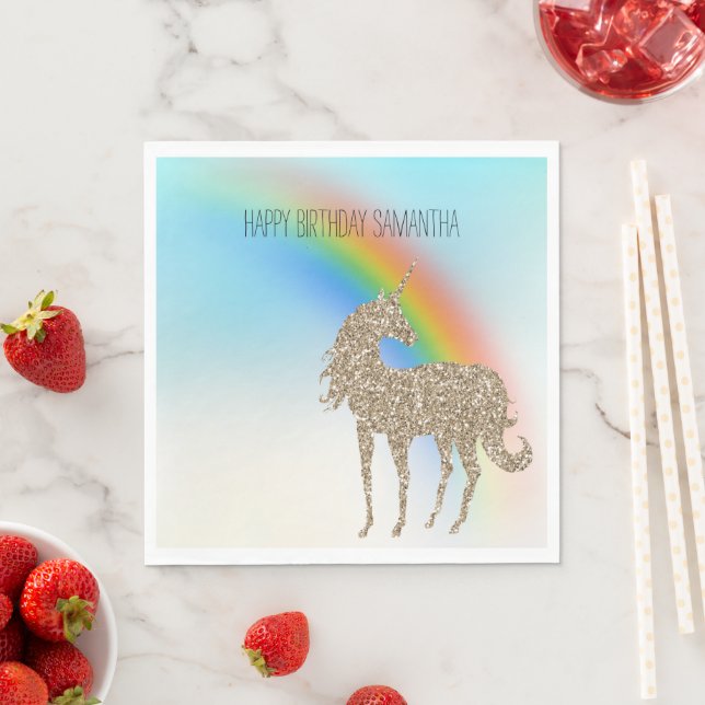 Rainbow Aqua Ombre Gold Glitter Unicorn Napkin (Insitu)