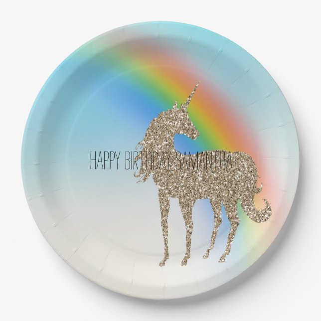 Rainbow Aqua Ombre Gold Glitter Unicorn Paper Plate (Front)
