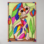 Rainbow Art Deco Cat Mini Modern Art Poster<br><div class="desc">Decorate your walls in style with this unique modern art mini poster. In this cute, whimsical artwork, this brown-eyed cat sits on a brown surface against a pale green background, showing off her unusual contrasting rainbow coloured markings in geometric shapes with an art deco feel reminiscent of leaves or flower...</div>