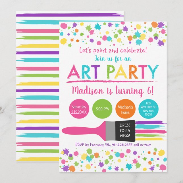 Rainbow Art Party Dress For A Mess Birthday Invitation (Front/Back)