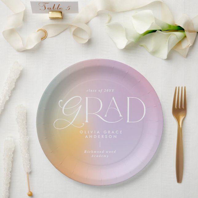 Rainbow aura modern colourful typography grad paper plate (Wedding)