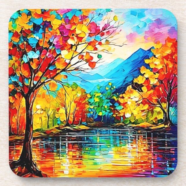 Rainbow Autumn Lake Art Coaster (Front)