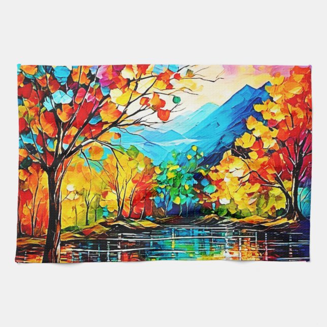 Rainbow Autumn Lake Art Tea Towel (Horizontal)