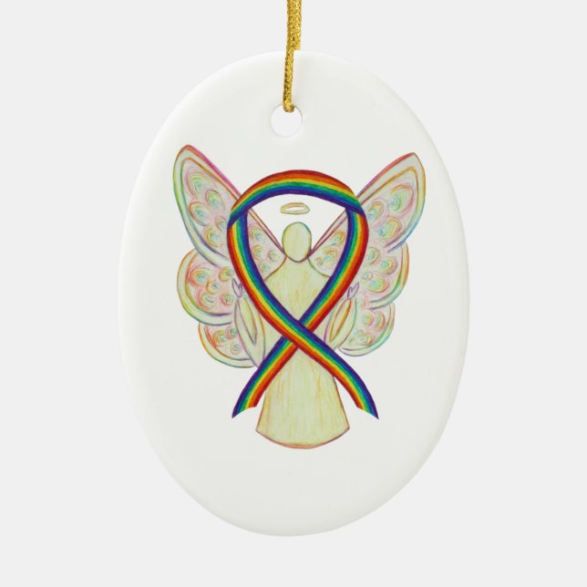Rainbow Awareness Ribbon Angel Custom Art Ornament (Front)
