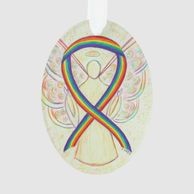 Rainbow Awareness Ribbon Angel Ornament Pendant (Back)