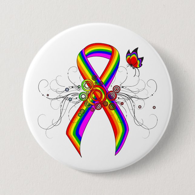 Rainbow Awareness Ribbon with Butterfly 7.5 Cm Round Badge (Front)