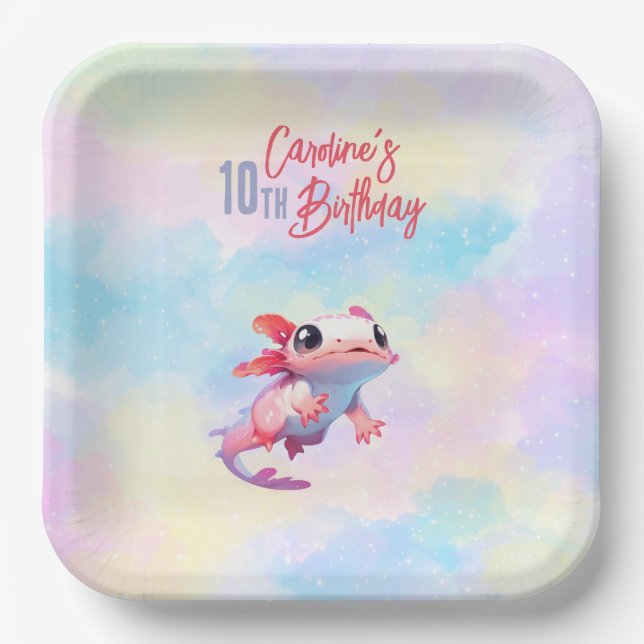 Rainbow axolotl girl birthday paper plate (Front)