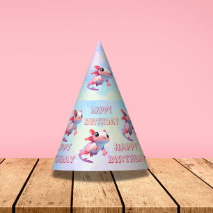 Rainbow axolotl girl birthday party hat