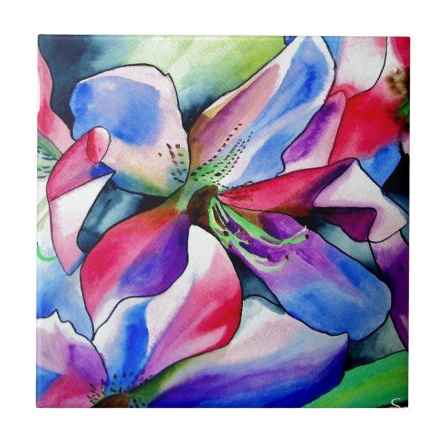 Rainbow Azalea flower original watercolor painting Tile (Front)
