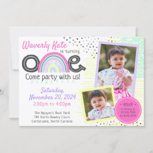 Rainbow Baby 1st Birthday Kawaii Doodles 2-Photo Invitation