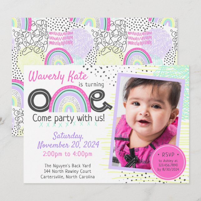 Rainbow Baby 1st Birthday Kawaii Doodles Photo Invitation (Front/Back)