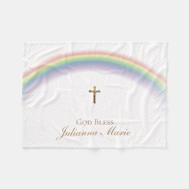 Rainbow Baby Baptism Cross Gold Crucifix Netting Fleece Blanket (Front (Horizontal))