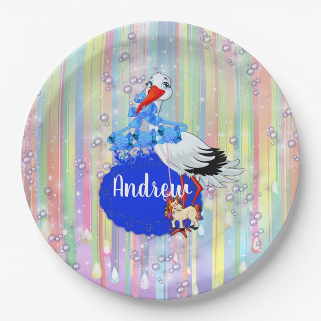 Rainbow Baby Boy Baby Shower Paper Plate (Front)