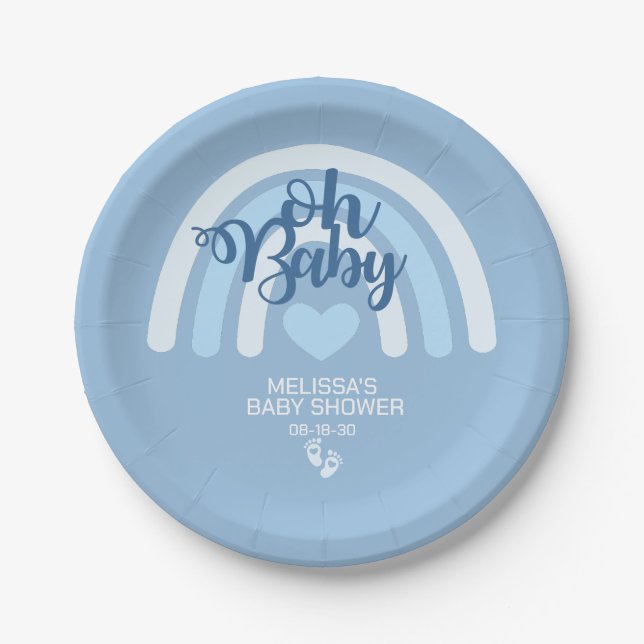 Rainbow Baby Boys Personalised Blue Heart Paper Plate (Front)