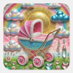Rainbow Baby Carriage with Glitter Sun and Clouds Square Sticker