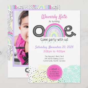 Rainbow Baby Girl 1st Birthday Kawaii Doodle Photo Invitation