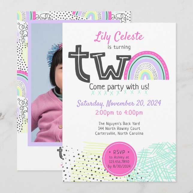Rainbow Baby Girl 2nd Birthday Kawaii Doodle Photo Invitation (Front/Back)