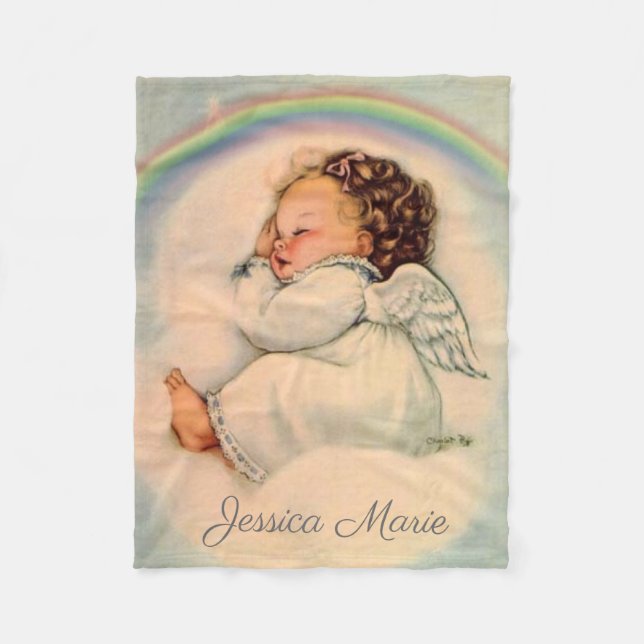 Rainbow Baby Girl Angel Sleeping on Cloud Fleece Blanket (Front)