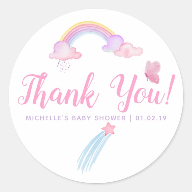 Rainbow Baby Girl Shower Thank You Classic Round Sticker (Front)