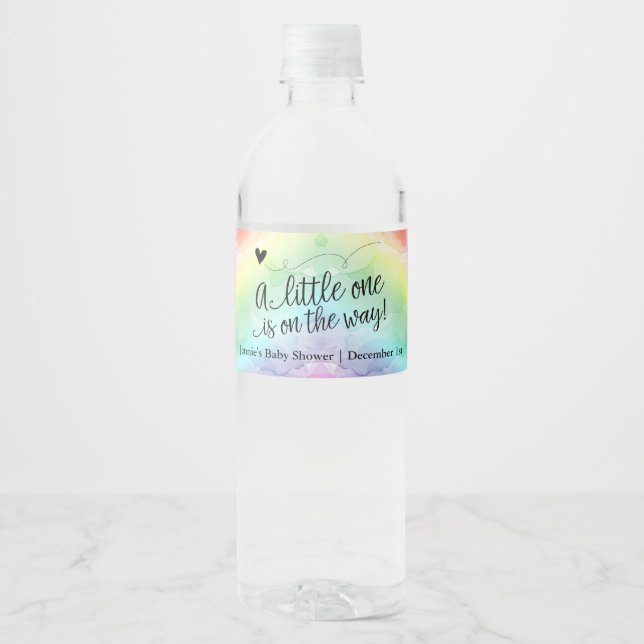 Rainbow Baby Script Little One Baby Shower Water Bottle Label (Front)