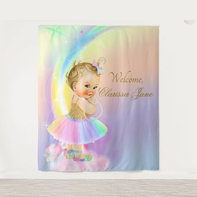 Rainbow Baby Shower Backdrop Banner Blonde Girl Tapestry (Front)
