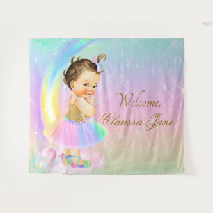 Rainbow Baby Shower Backdrop Banner Brunette Girl Tapestry