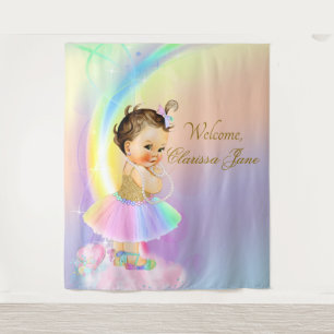 Rainbow Baby Shower Backdrop Banner Brunette Girl Tapestry