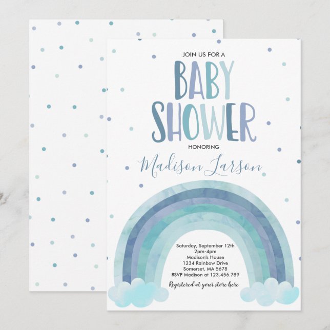 Rainbow Baby Shower Blue Watercolor Rainbow Baby Invitation (Front/Back)