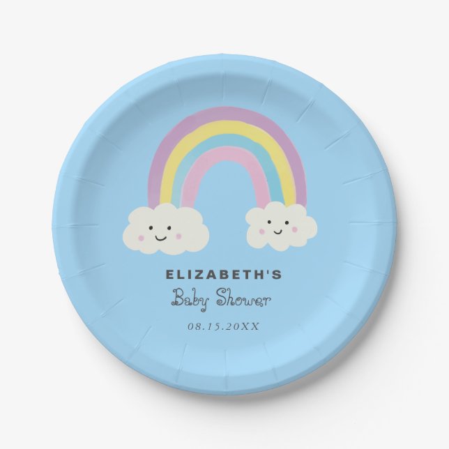 Rainbow Baby Shower Boy Cute Pastel Whimsical Paper Plate (Front)