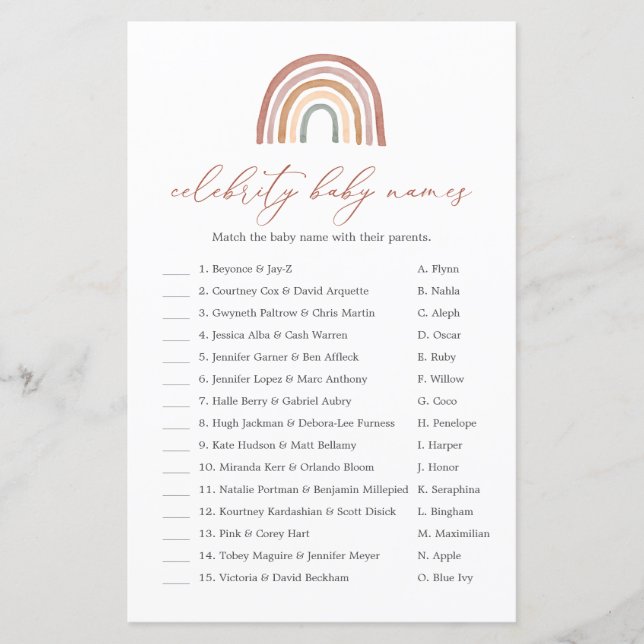 Rainbow Baby Shower Celebrity Baby Names Game (Front)