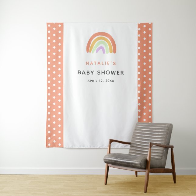 Rainbow Baby Shower Cute Custom Backdrop Peach Tapestry (In Situ)