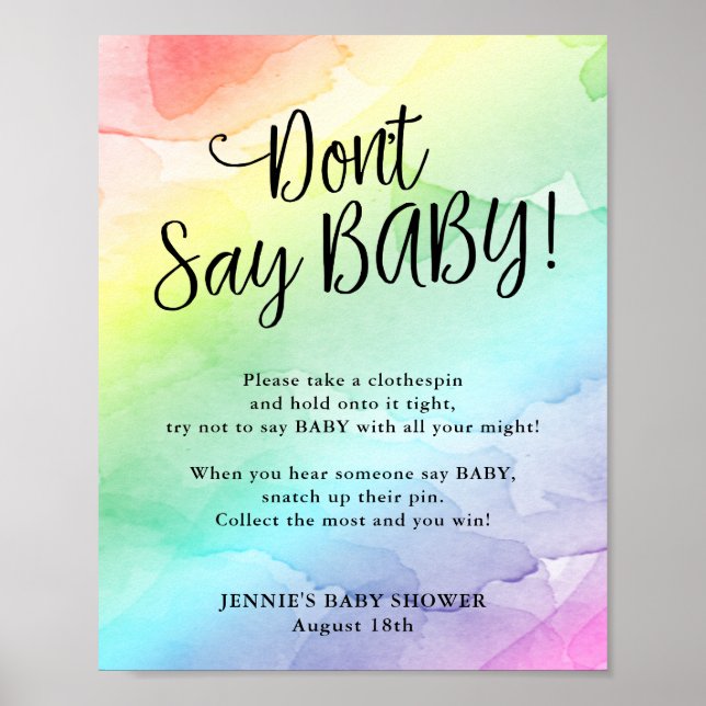 Rainbow Baby Shower Don't Say Baby Game Poster (Front)
