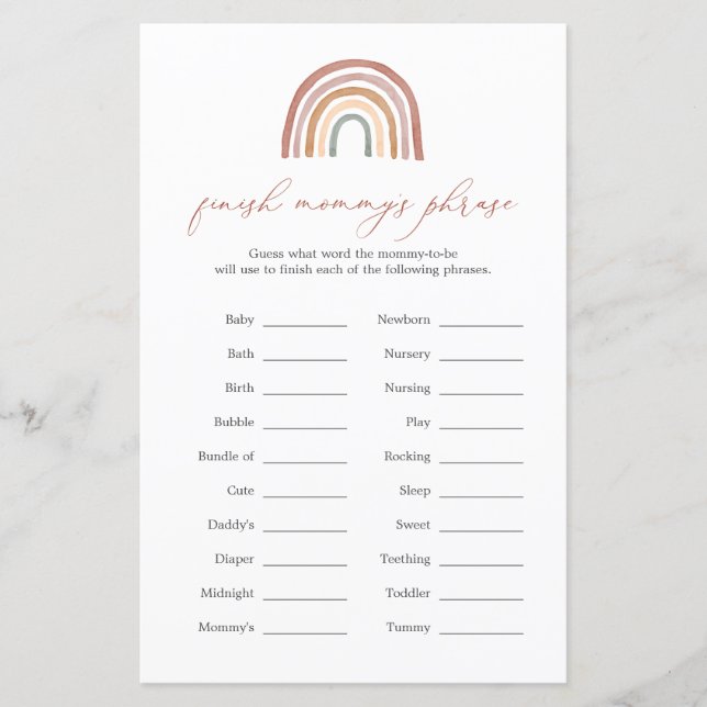Rainbow Baby Shower Finish Mummy's Phrase Game (Front)