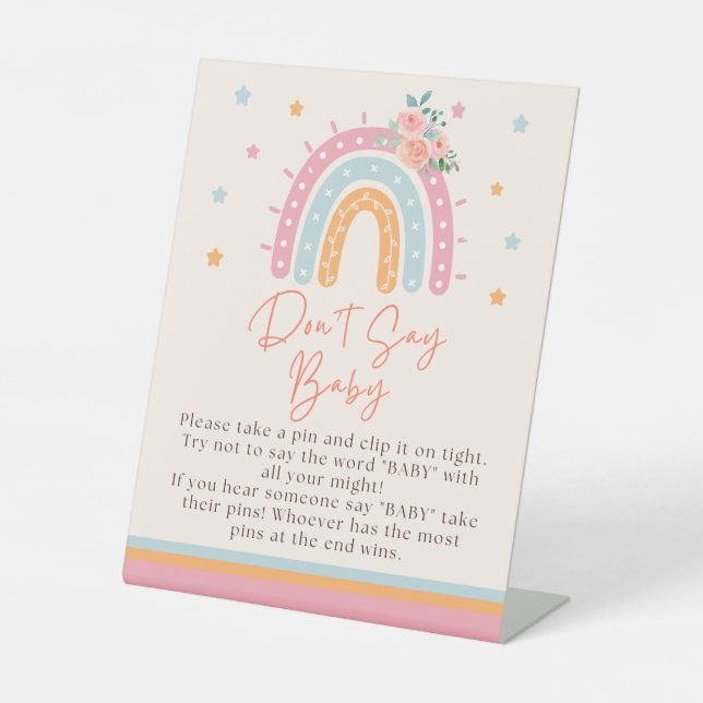 Rainbow Baby Shower Game Don't Say Baby Pedestal Sign (Front)
