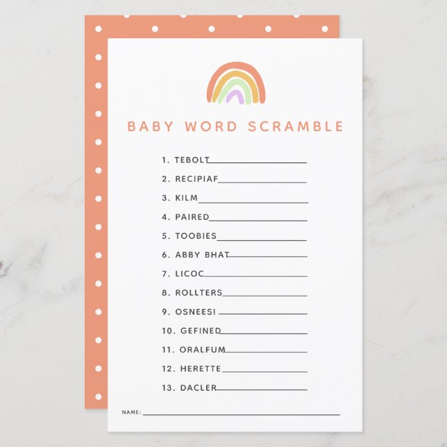 Rainbow Baby Shower Game Word Scramble (Front/Back)