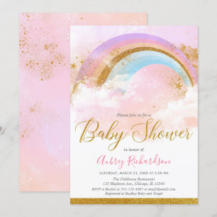 Rainbow baby shower girl pastel pink gold invitation
