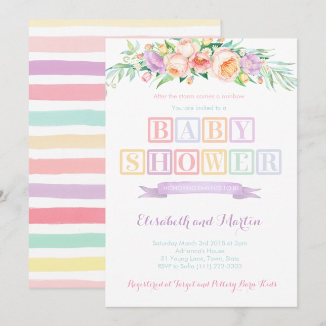 Rainbow baby shower invitation cards pastel colour (Front/Back)