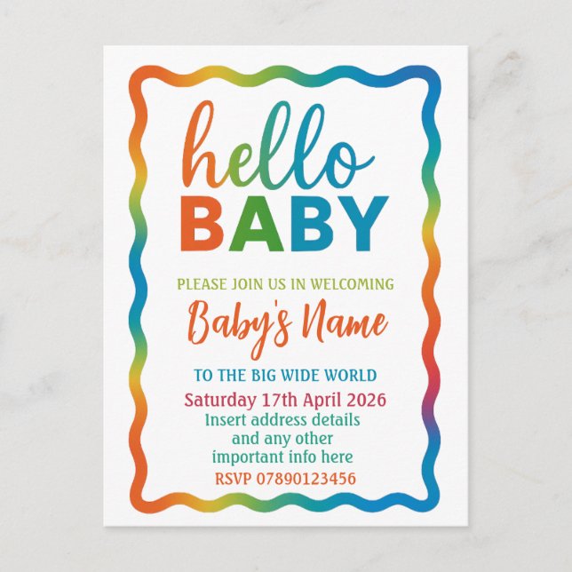 Rainbow baby shower invitation personalized invite postcard (Front)