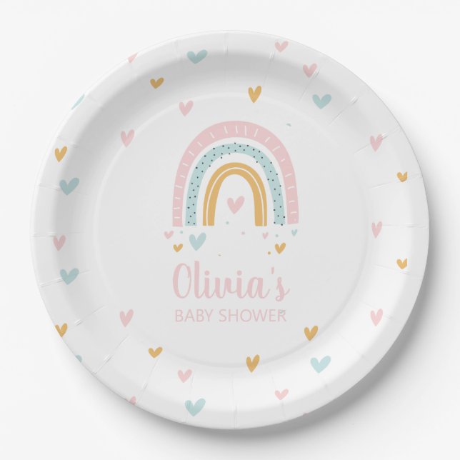 Rainbow Baby Shower pastel hearts Paper Plate (Front)