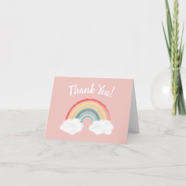 Rainbow Baby Shower Pink Thank You Card (Front)